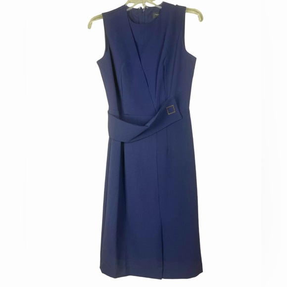 Tahari Navy Blue Sheath Dress with Gold Hardware on Belt w/ Front Slit Size 4 - Picture 4 of 13